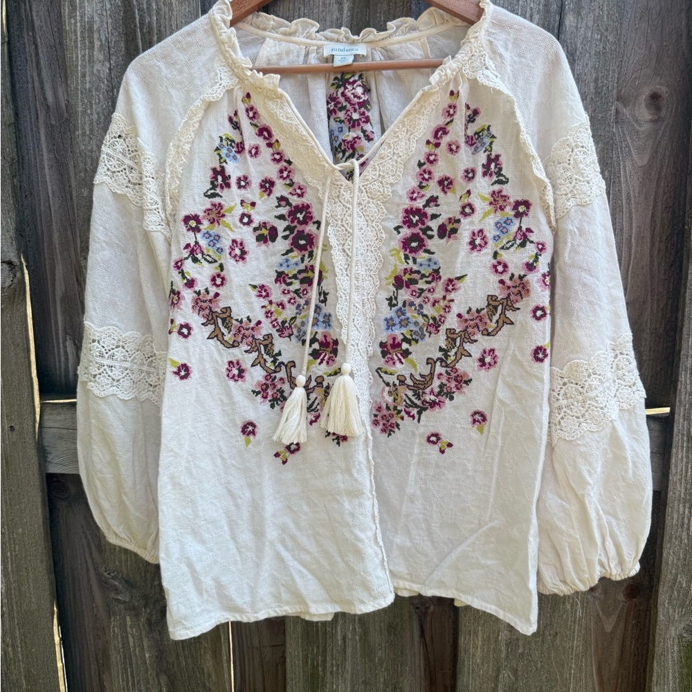 Sundance Cream Blouse with Floral Embroidery